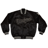 LA Dodgers black satin bomber jacket front view – premium MLB fanwear, JacketnJoint