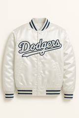 LA Dodgers white satin bomber jacket front view – premium MLB fanwear, JacketnJoint