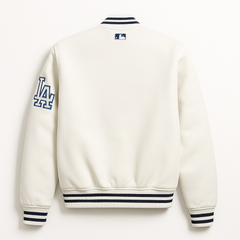 LA Dodgers white satin bomber jacket back view – classic MLB apparel, JacketnJoint