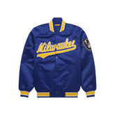 Milwaukee Brewers Navy Satin Bomber Jacket front view, JacketnJoint