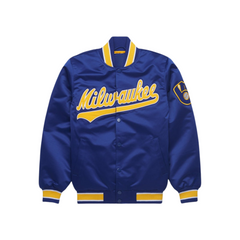 Milwaukee Brewers Navy Satin Bomber Jacket front view, JacketnJoint