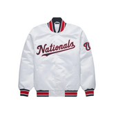 Washington Nationals white satin varsity jacket front view – MLB fanwear, JacketnJoint