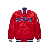 Philadelphia 76ers royal blue satin bomber jacket front view, JacketnJoint