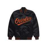 Baltimore Orioles satin starter varsity bomber jacket front view, JacketnJoint