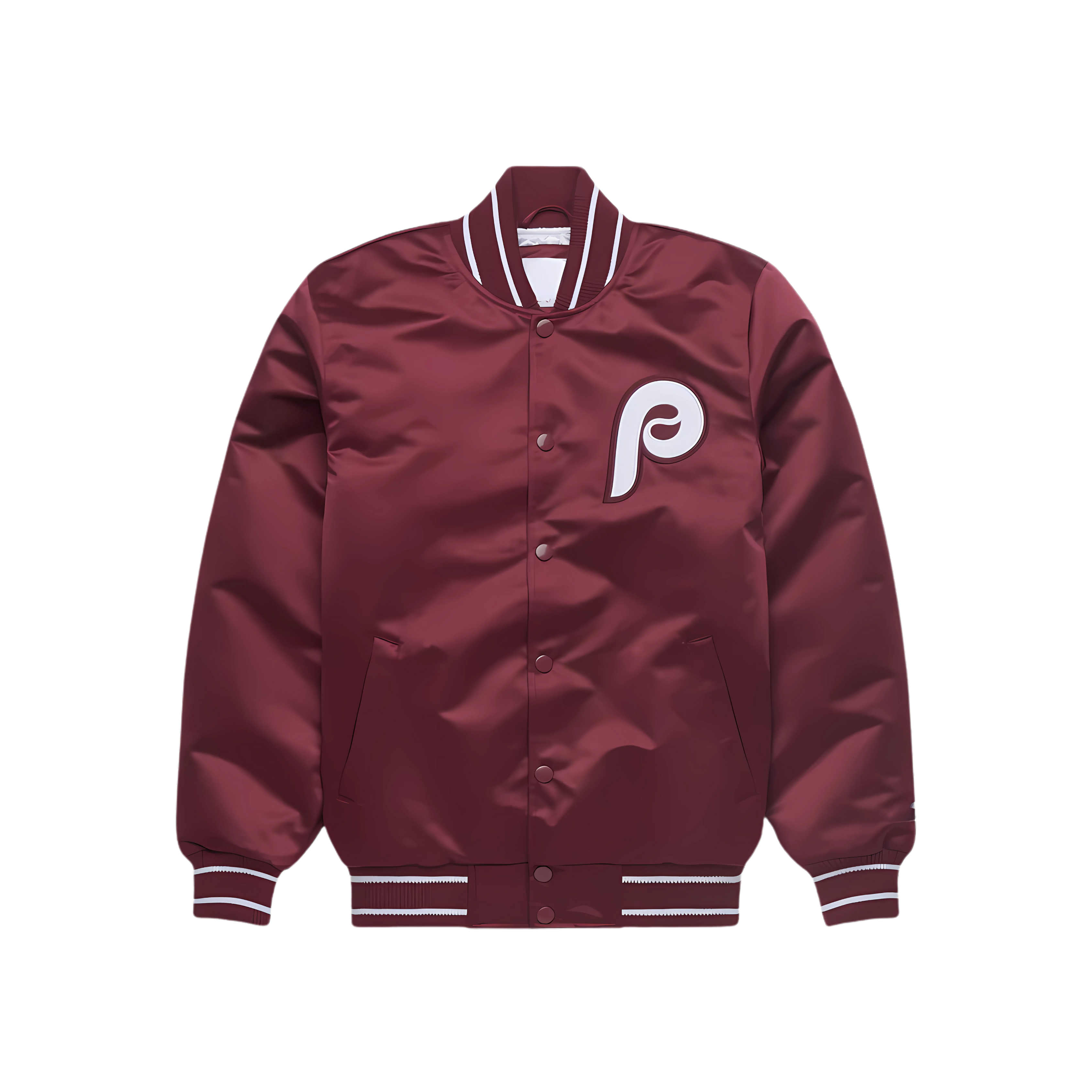 Philadelphia Phillies classic satin bomber jacket red white front view, JacketnJoint