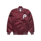 Philadelphia Phillies classic satin bomber jacket red white front view, JacketnJoint