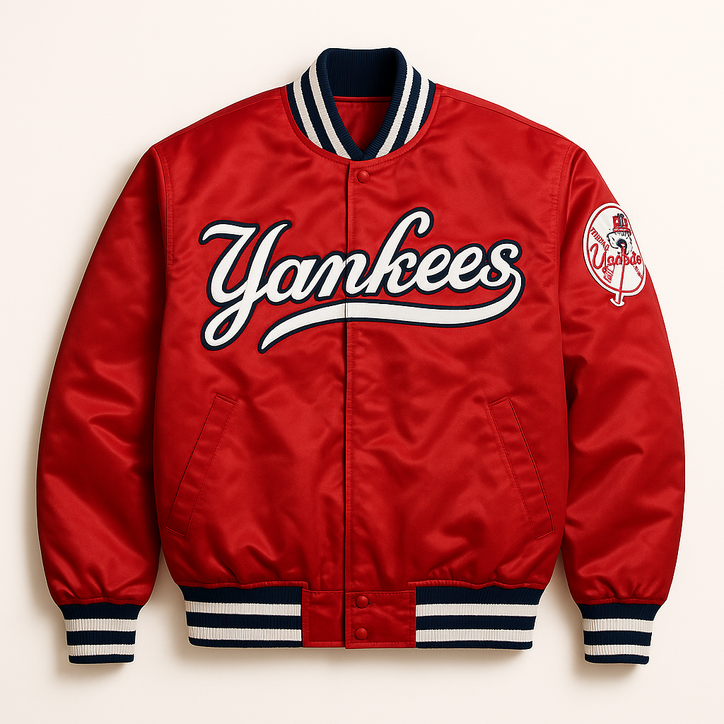 New York Yankees red satin bomber jacket front view – MLB fanwear, JacketnJoint