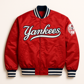 New York Yankees red satin bomber jacket front view – MLB fanwear, JacketnJoint
