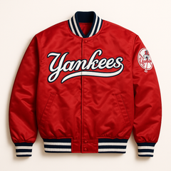 New York Yankees red satin bomber jacket front view – MLB fanwear, JacketnJoint