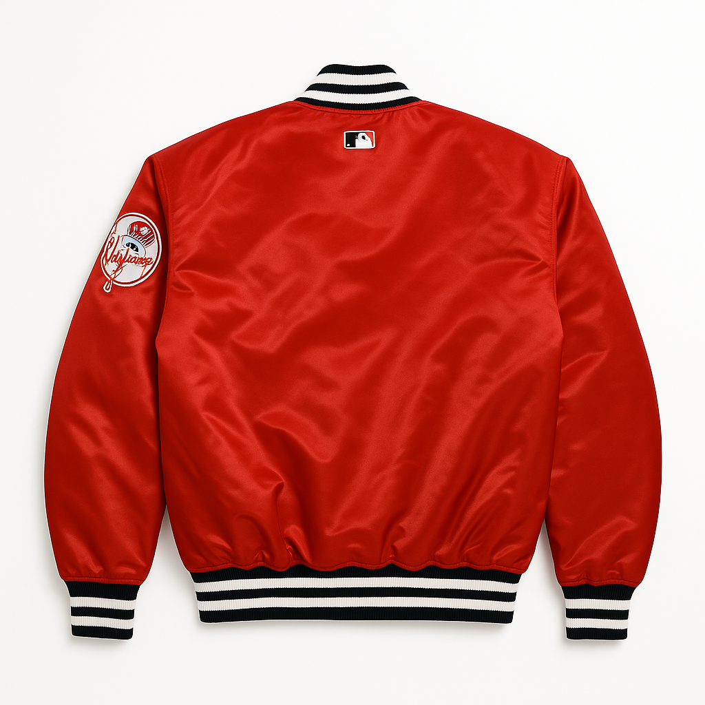 New York Yankees red satin bomber jacket back view – classic MLB apparel, JacketnJoint