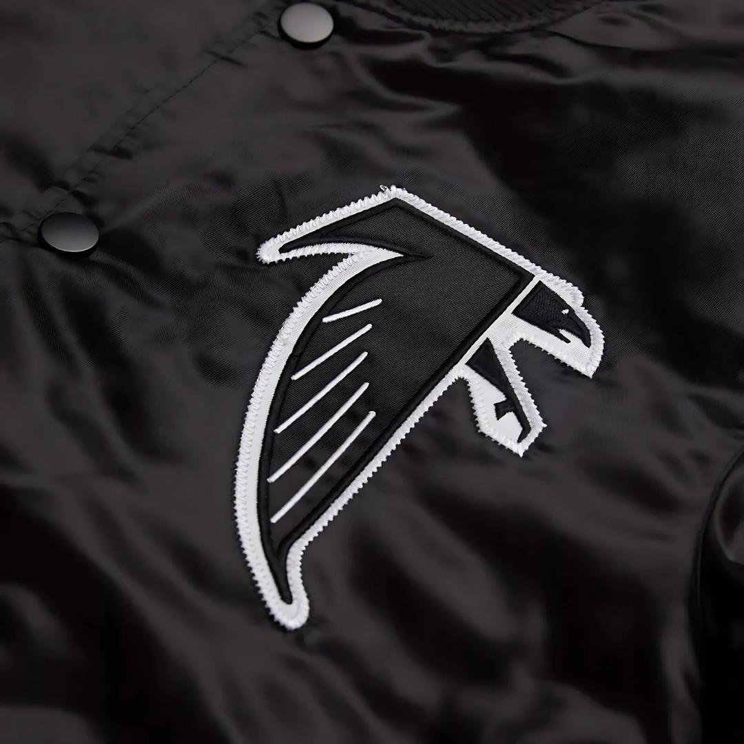 Official NFL Atlanta Falcons team jacket in black satin embroidered logo, JacketnJoint