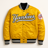 New York Yankees yellow satin jacket front view MLB fanwear, JacketnJoint