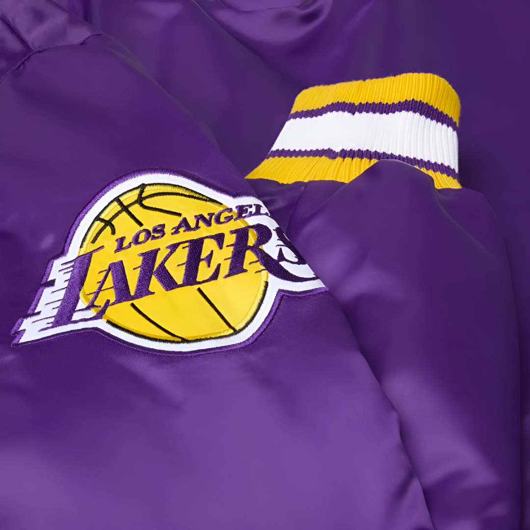Lakers NBA satin varsity jacket purple and gold with ebroidered logo, JacketnJoint