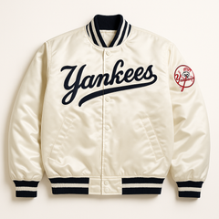 New York Yankees white satin bomber jacket front view with embroided logo – MLB fanwear, JacketnJoint