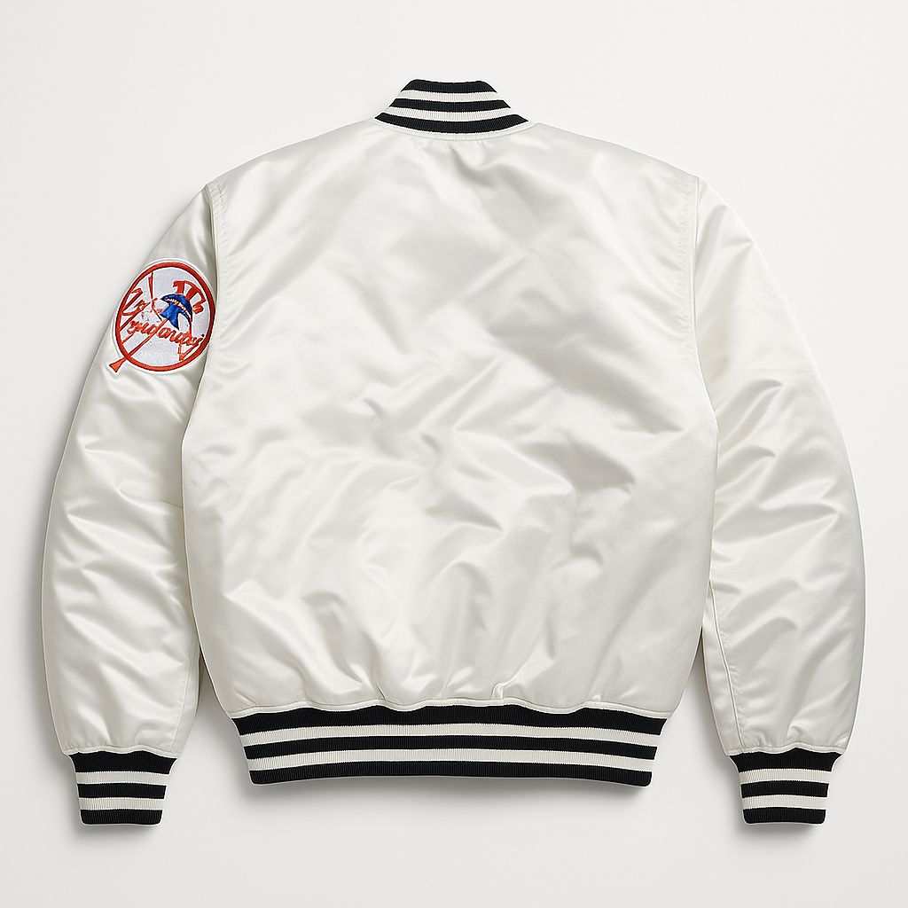 New York Yankees white satin bomber jacket back view – classic MLB apparel, JacketnJoint