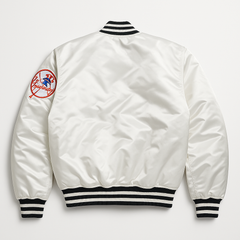 New York Yankees white satin bomber jacket back view – classic MLB apparel, JacketnJoint