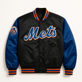 New York Mets black and blue satin varsity jacket front view – MLB fanwear, Jacket n Joint