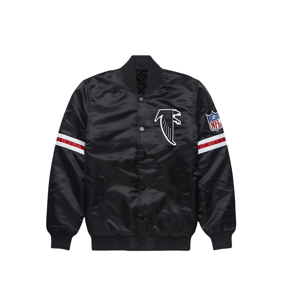 Atlanta Falcons black satin jacket official NFL fan gear front view, JacketnJoint