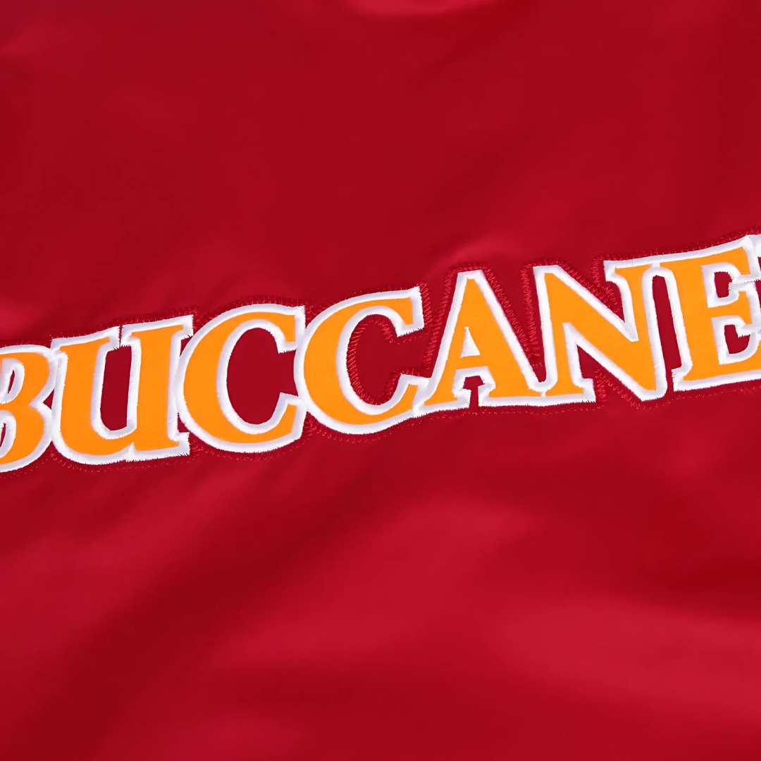 Official Buccaneers NFL Bomber Jacket in Red Satin embroidered logo, JacketnJoint