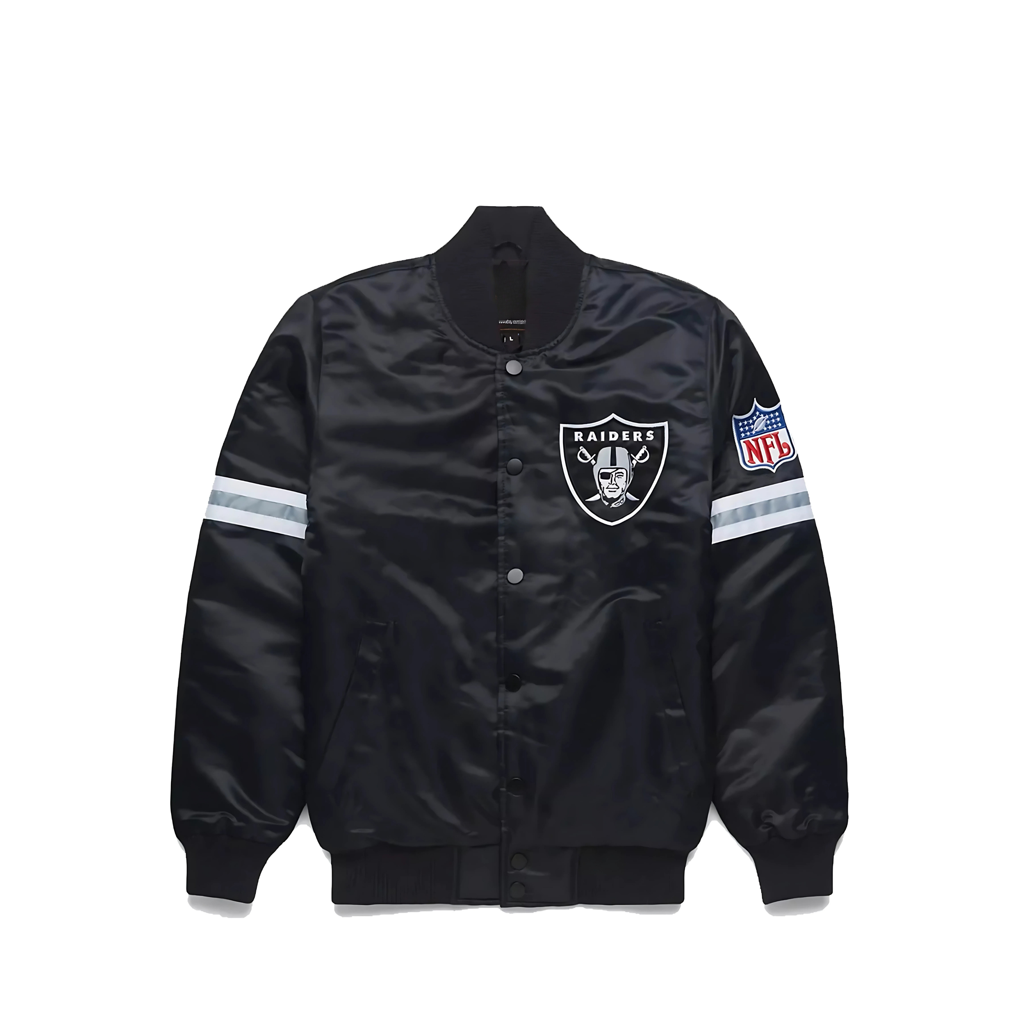Las Vegas Raiders silver and black satin NFL jacket front view, JacketnJoint