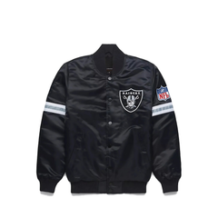 Las Vegas Raiders silver and black satin NFL jacket front view, JacketnJoint