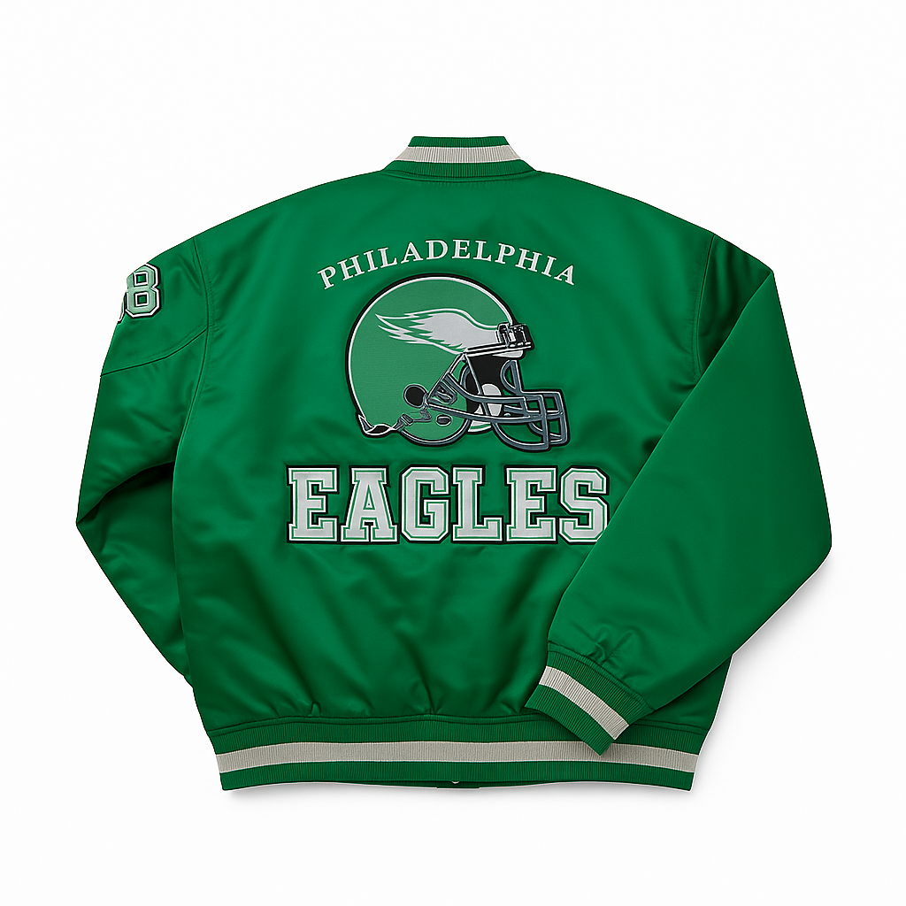 Official Philadelphia Eagles retro satin fan jacket back view, JacketnJoint