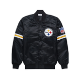 Pittsburgh Steelers black and gold satin NFL jacket front view, JacketnJoint