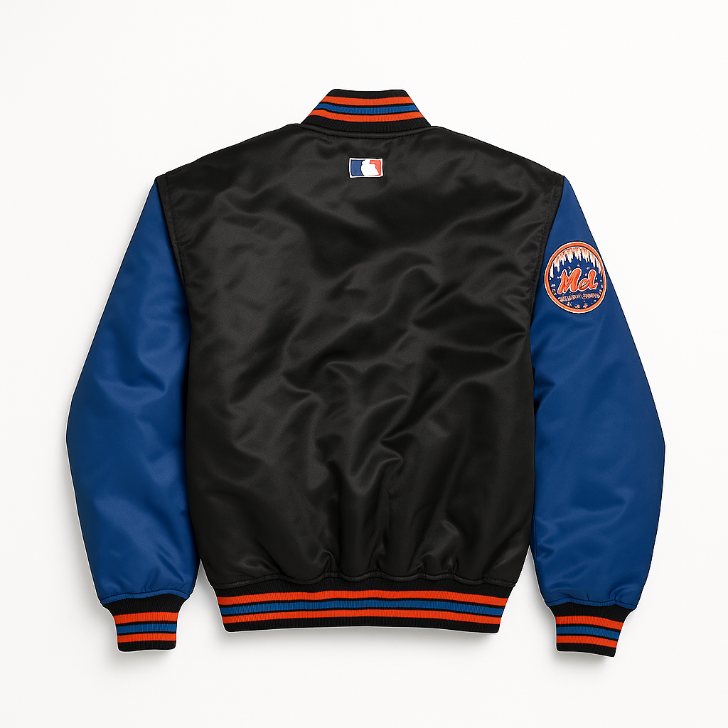 Mets black and blue satin bomber varsity jacket back view – classic MLB apparel, JacketnJoint