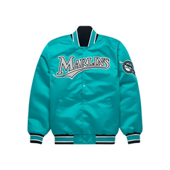 Miami Marlins Black Satin Bomber Jacket front view, JacketnJoint