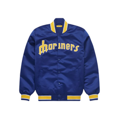Seattle Mariners Navy Satin Bomber Jacket Front View, JacketnJoint