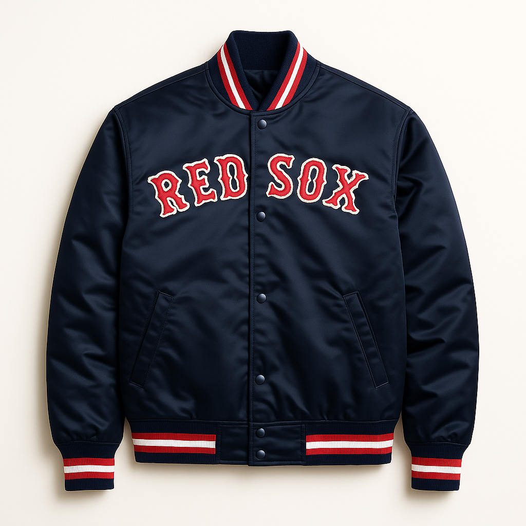Boston Red Sox varsity satin bomber jacket front view , JacketnJoint