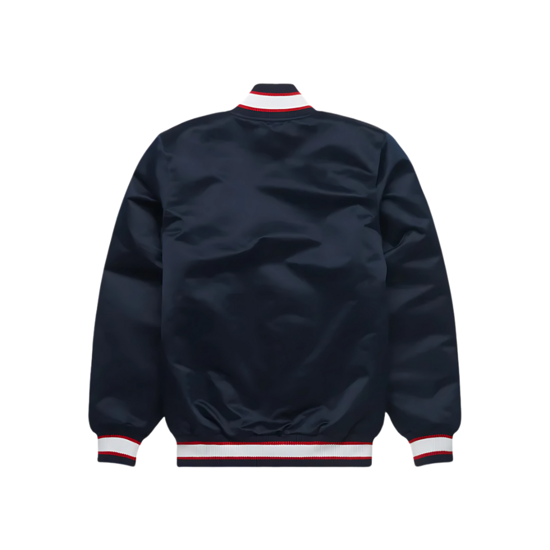 Minnesota Twins Navy Satin Bomber Jacket back view, JacketnJoint