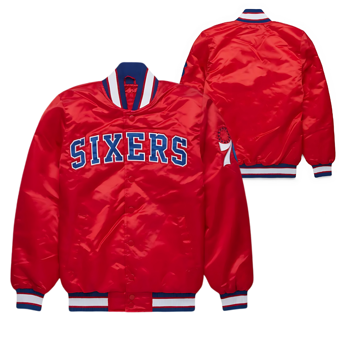 Official NBA Philadelphia 76ers varsity satin jacket with logo, JacketnJoint