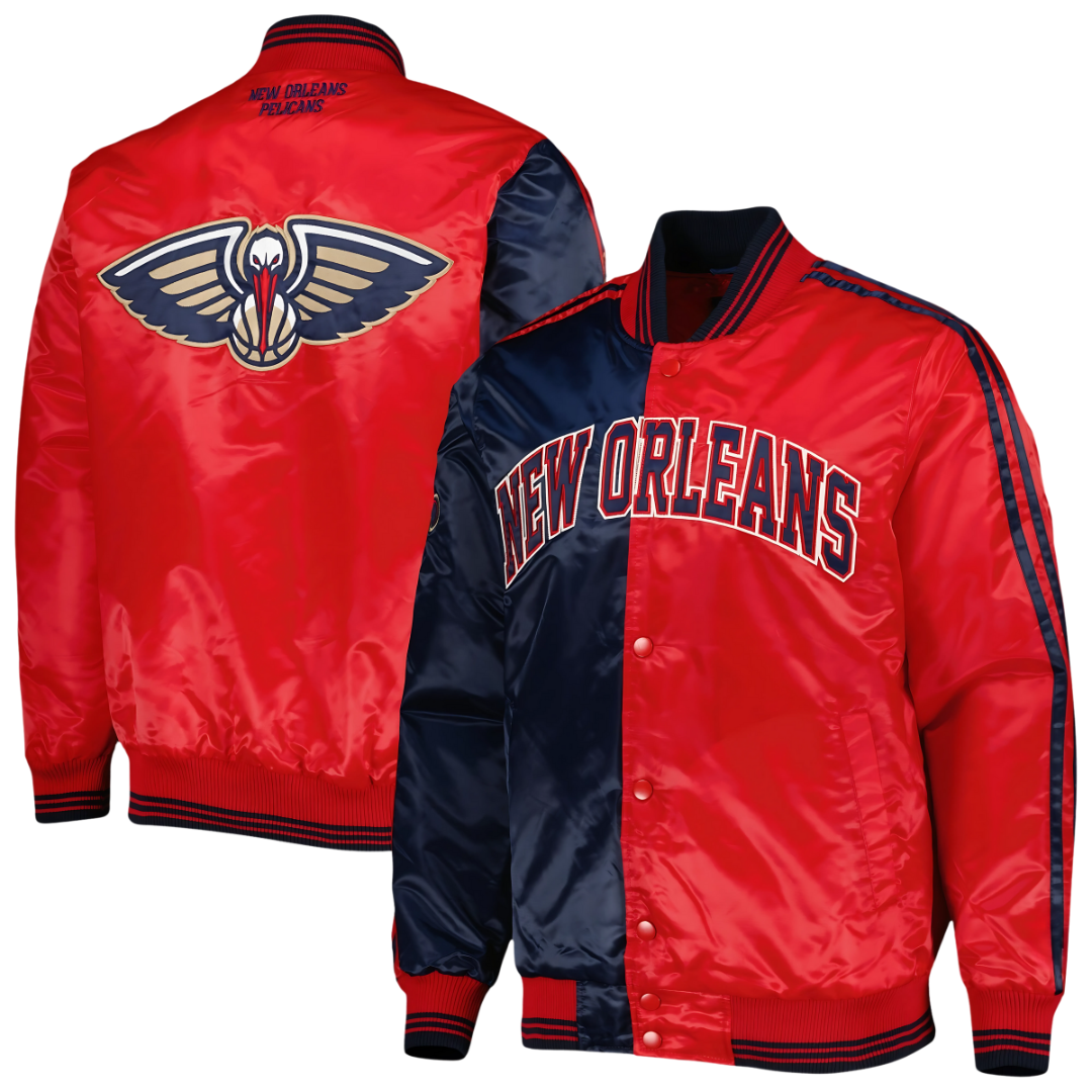 NBA New Orleans Pelicans retro satin jacket front view, JacketnJoint