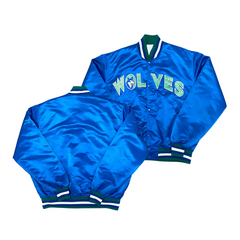 Timberwolves satin bomber jacket with team logo front view, JacketnJoint