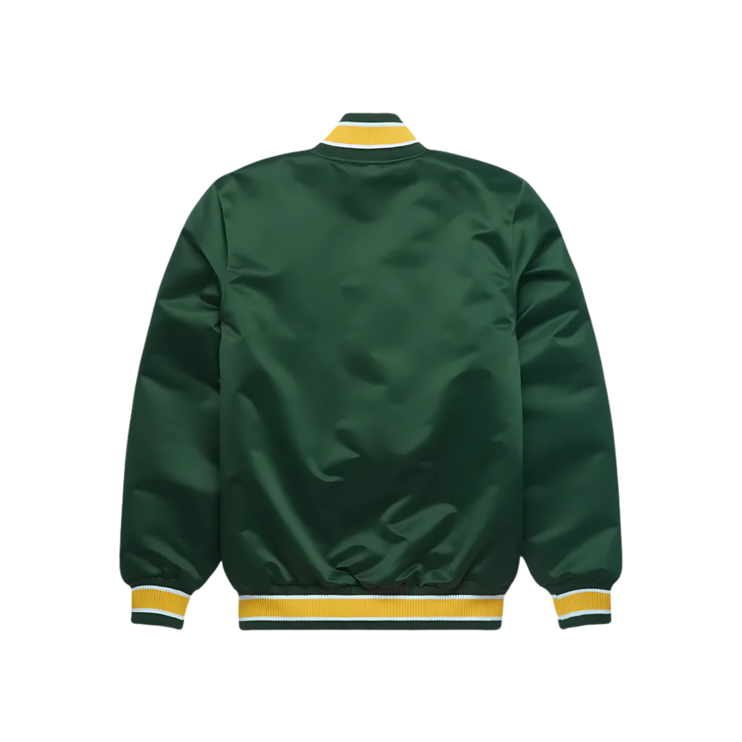 Green Oakland Athletics satin heritage jacket front view, JacketnJoint