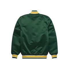 Green Oakland Athletics satin heritage jacket front view, JacketnJoint