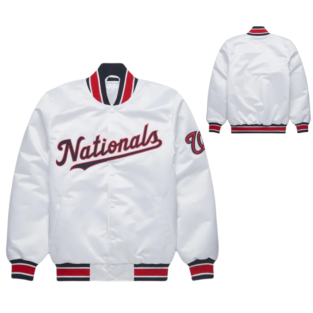  white varsity satin jacket for classic MLB fanwear, JacketnJoint