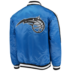 Orlando Magic fanwear black varsity satin jacket back view, JacketnJoint