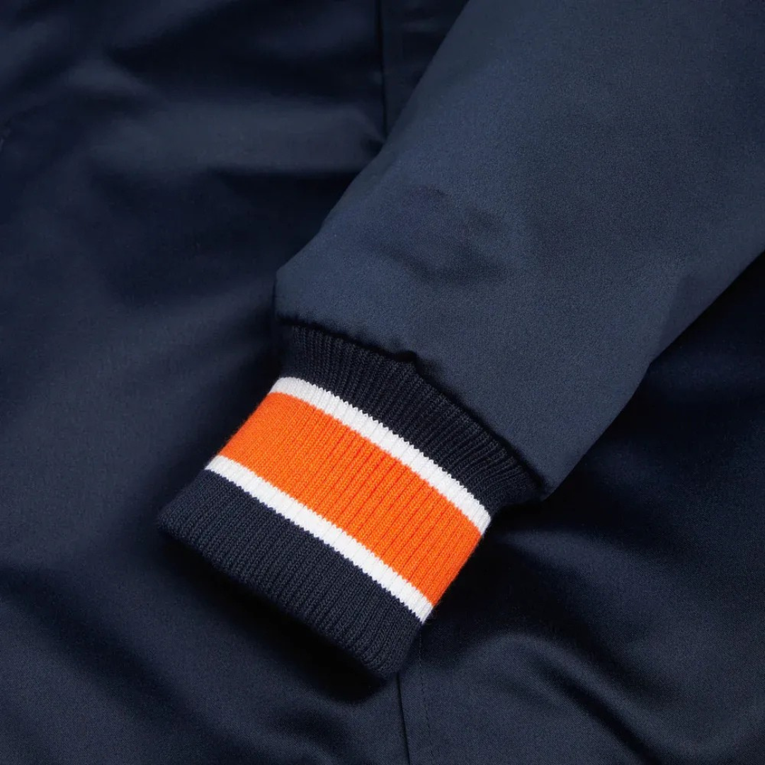 Classic Detroit Tigers fanwear satin bomber in navy and orange, JacketnJoint