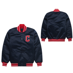 Cleveland Guardians satin varsity jacket front view, JacketnJoint