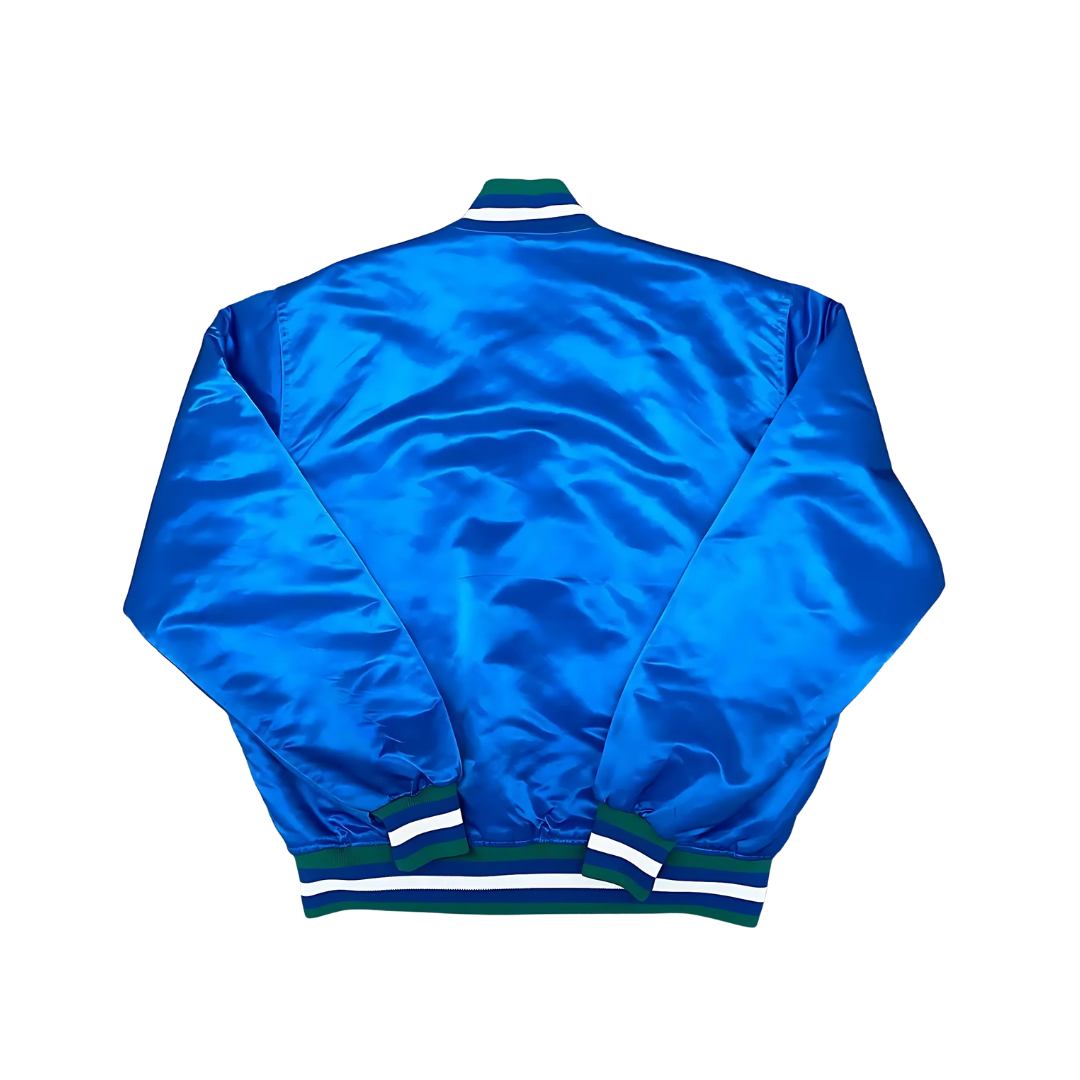 Timberwolves satin bomber jacket with team logo back view, JacketnJoint