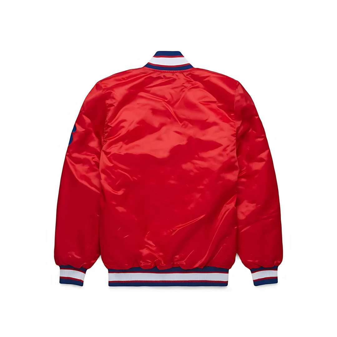 Philadelphia 76ers fanwear satin bomber jacket red edition, JacketnJoint