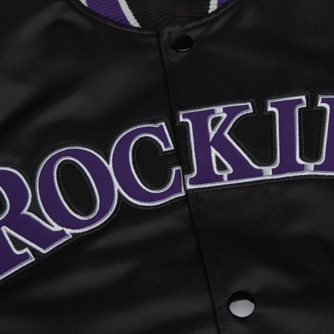 Colorado Rockies black satin bomber jacket with logo, JacketnJoint