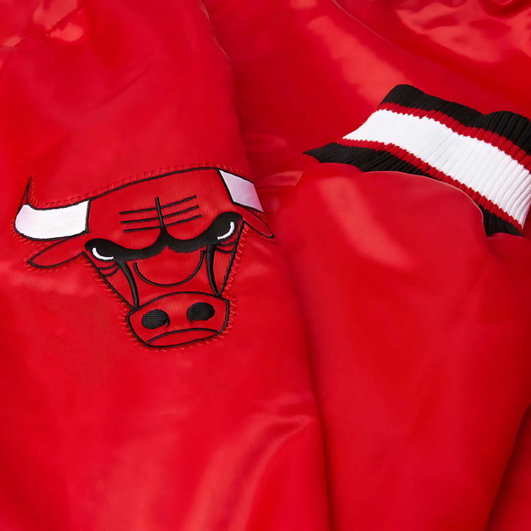 Chicago Bulls varsity satin basketball jacket closeup, JacketnJoint