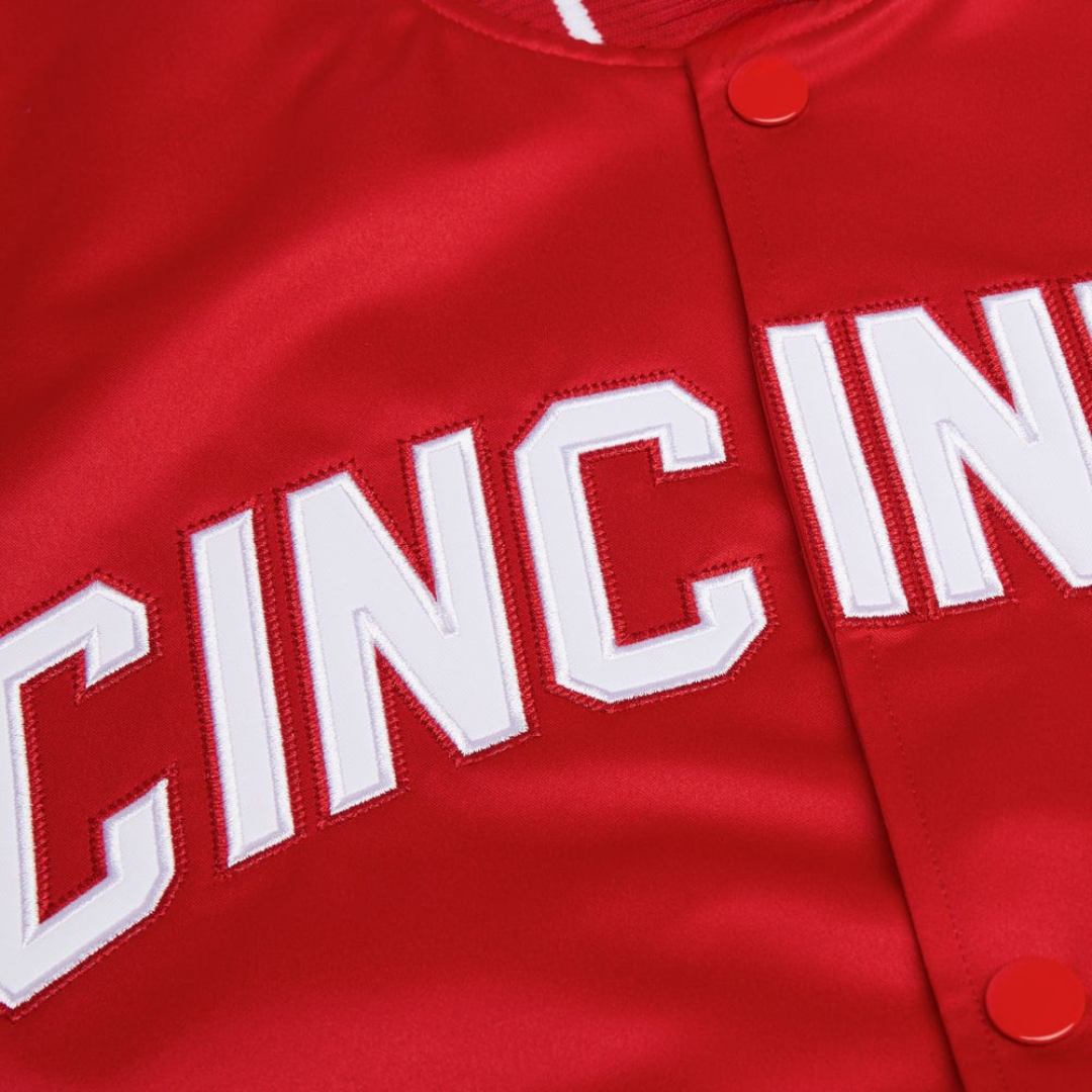 Cincinnati Reds satin varsity jacket front view, JacketnJoint
