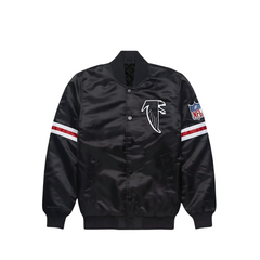 Atlanta Falcons black satin jacket official NFL fan gear front view, JacketnJoint
