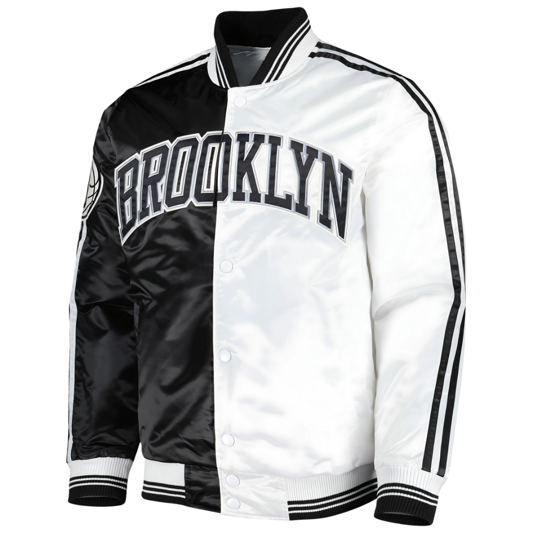 Brooklyn Nets Nights Edition satin jacket official NBA gear front view, JacketnJoint