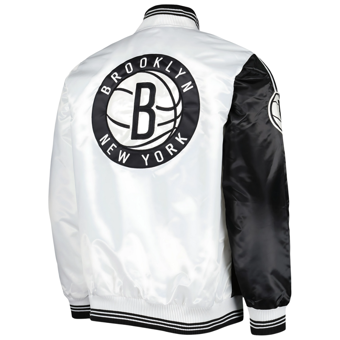 Official Brooklyn Nets satin jacket NBA apparel back view, JacketnJoint