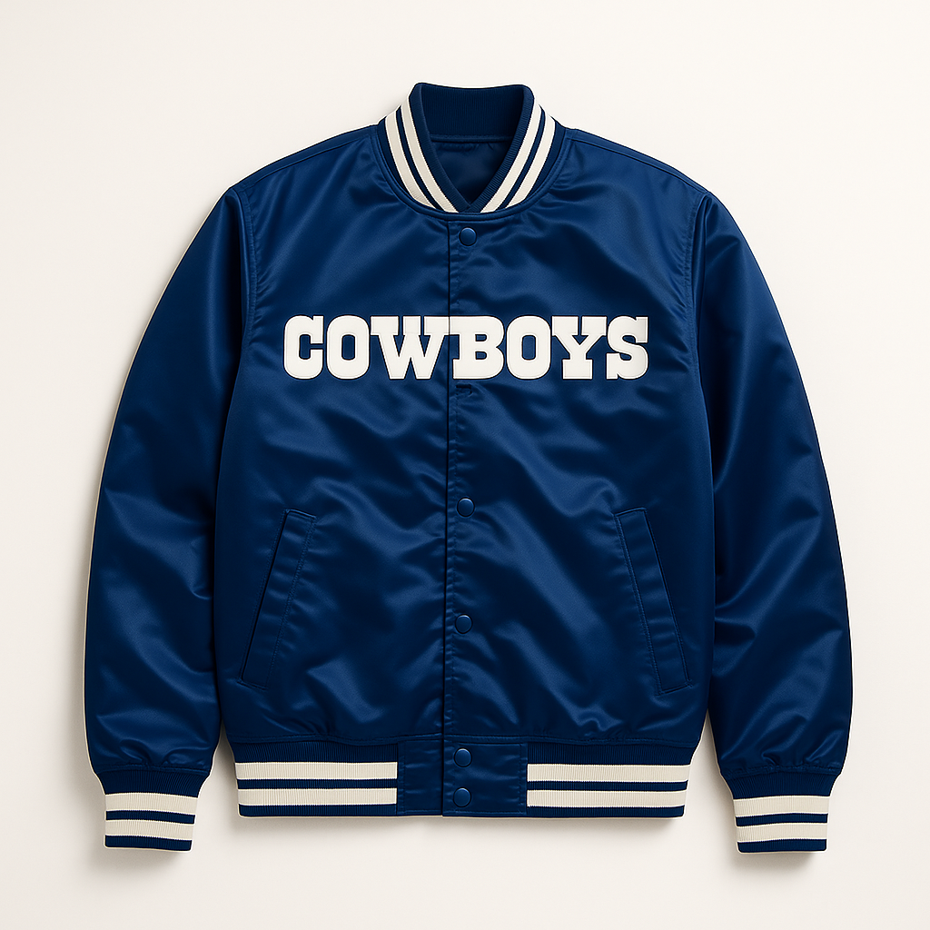 Dallas Cowboys blue heritage NFL jacket front view, JacketnJoint